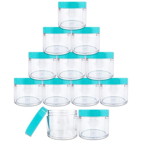 Beauticom 60 Grams/60 ML (2 Oz) Round Clear Leak Proof Plastic Container Jars with TEAL Lids for Storage Cosmetic Lotion Scrubs Creams Salves Ointments (12 Pieces Jars + Teal Lids  TEAL)